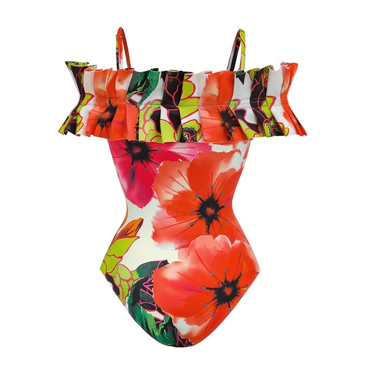 Maillot de bain une pièce imprimé à volants et épaules dénudées avec jupe 