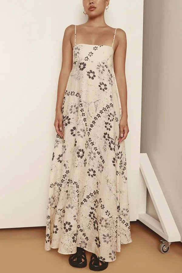 Robe longue dos nu à bretelles et imprimé floral en mélange de lin