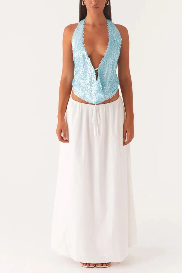 Mermaid Princess Sequins Cowl Neck Halter Backless Top