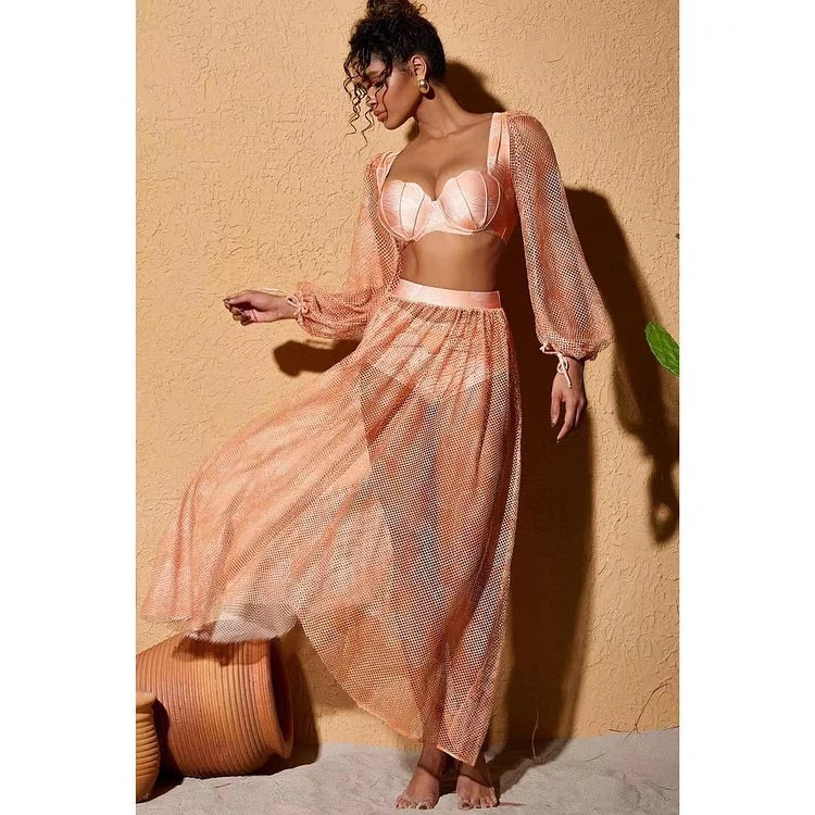 Maillot de bain bikini à manches longues et jupe à imprimé coquillage 