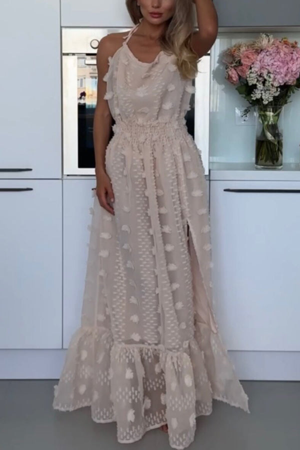 Robe longue fendue dos nu à taille élastique et broderie florale Gloria