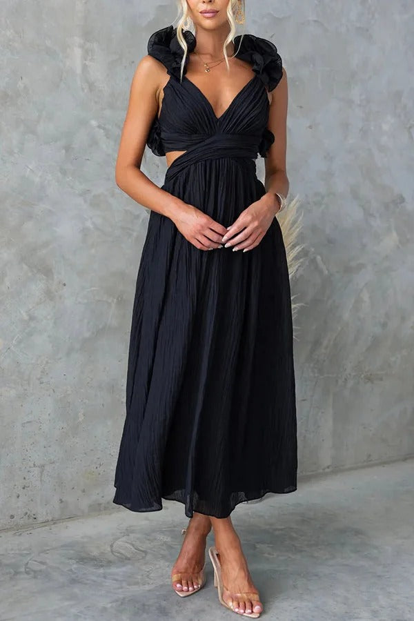 Robe longue de luxe à volants floraux et lacets dans le dos avec taille élastique