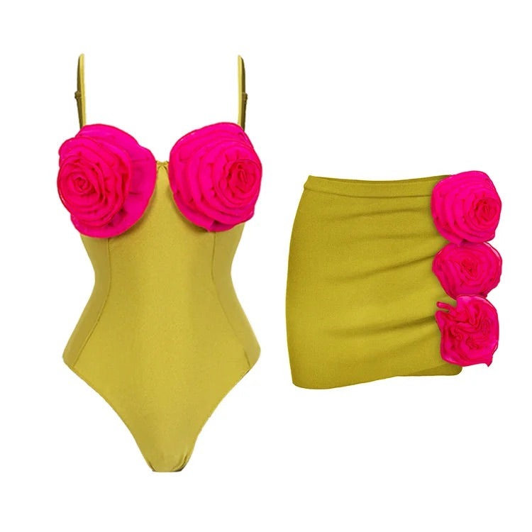 Einteiliger Badeanzug und Rock mit Farbblock und 3D-Blumen 