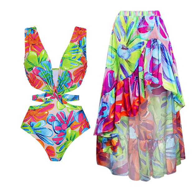 Floral Printed One Piece Swimsuit and Skirt