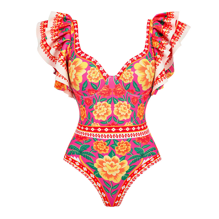 Maillot de bain une pièce à volants et imprimé contrasté et paréo 