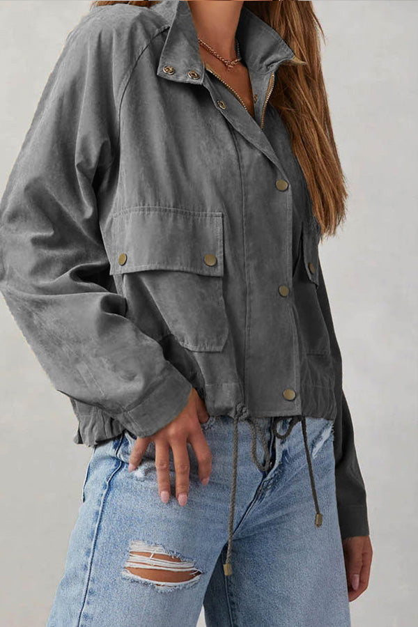 Veste midi à revers à carreaux brossés, plusieurs boutons et deux poches 