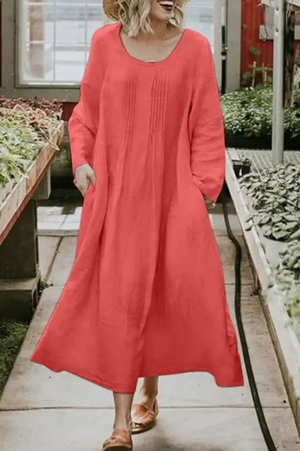 Round Neck Casual Loose Solid Color Long Sleeve Maxi Dress