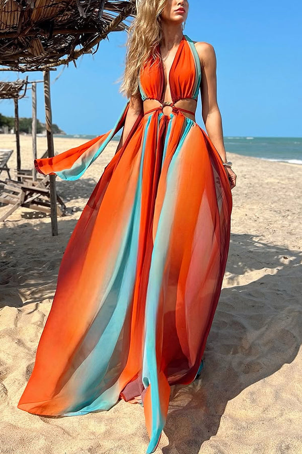 Robe longue de vacances fendue en tulle imprimé avec anneaux creux et plusieurs styles