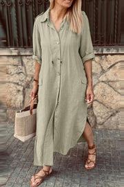 Casual solid color lapel long sleeve shirt dress