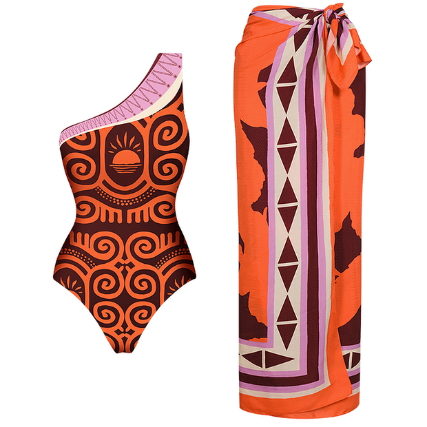 One Shoulder Printed One Piece Swimsuit and Sarong