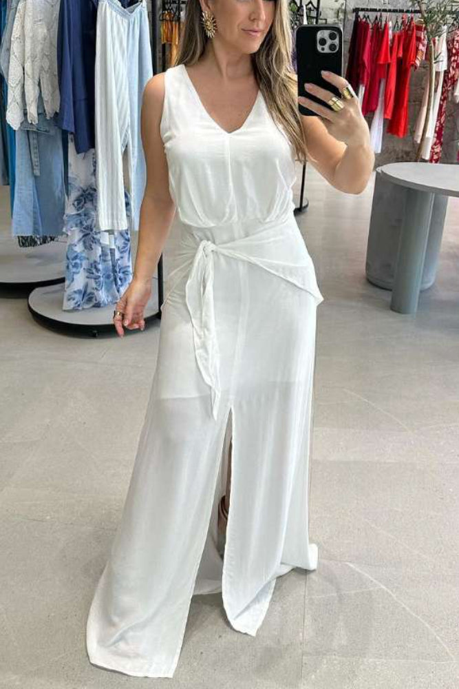Robe longue blanche sans manches à bretelles 