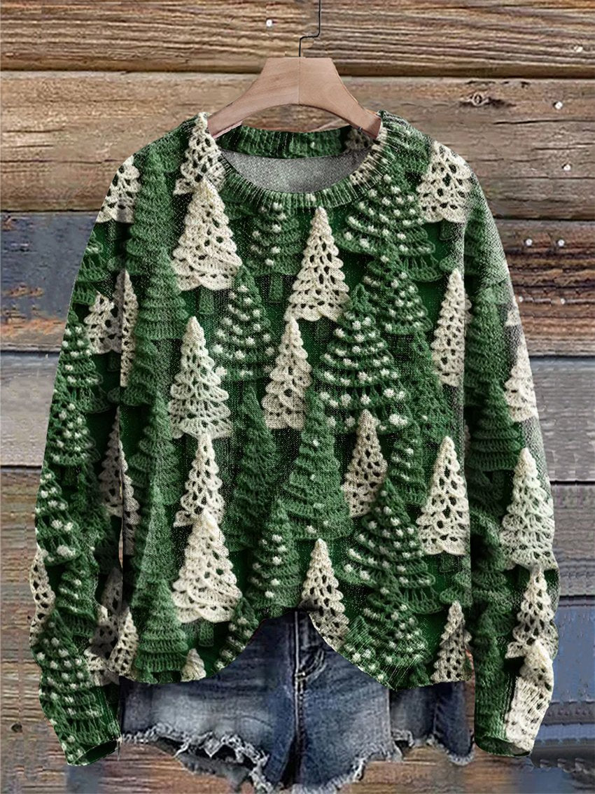 Christmas Tree Green White Print Knit Pullover Sweater