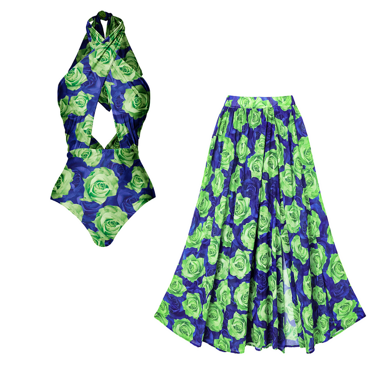 Maillot de bain une pièce à imprimé rose bleu vert et découpes à col suspendu 