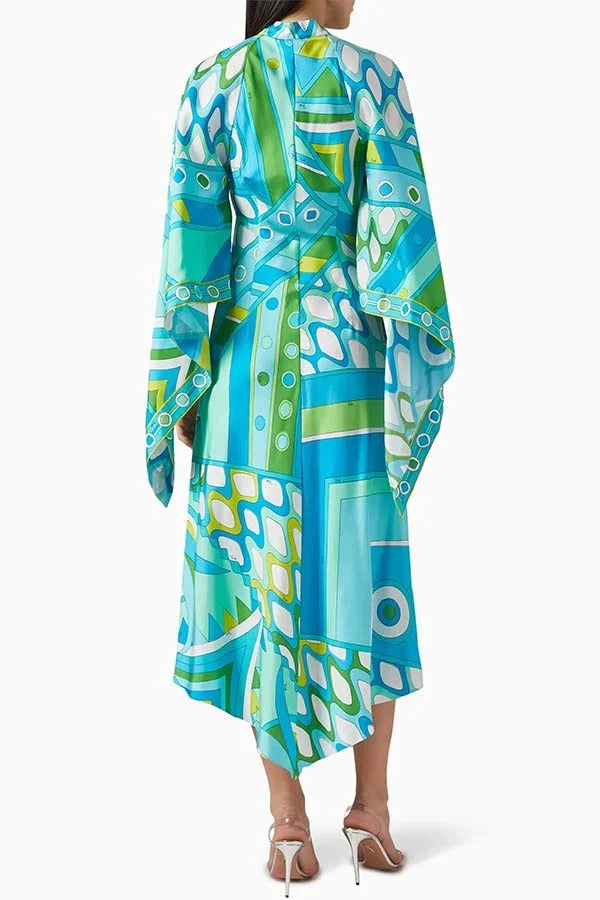 Narah Satin Unique Print Stand Neck Buttons Butterfly Sleeves Kaftan Maxi Dress
