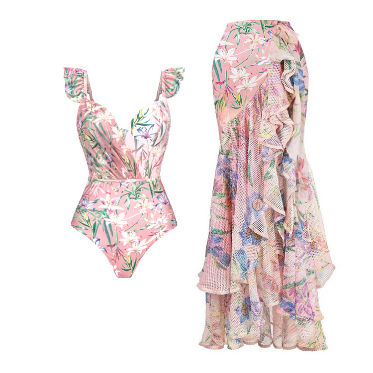 Vioye Floral Print One Piece Swimsuit and Mesh Splicing Sarong
