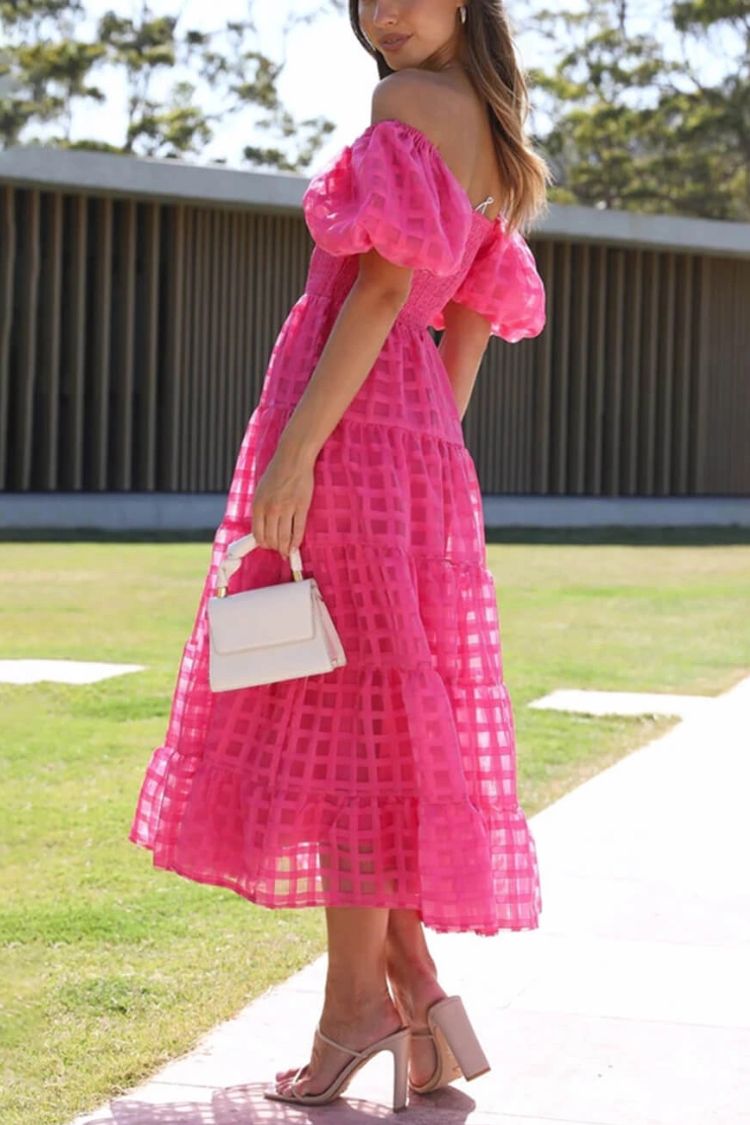 Fashionable One-Shoulder Chiffon Puff Sleeve Swing Midi Dress