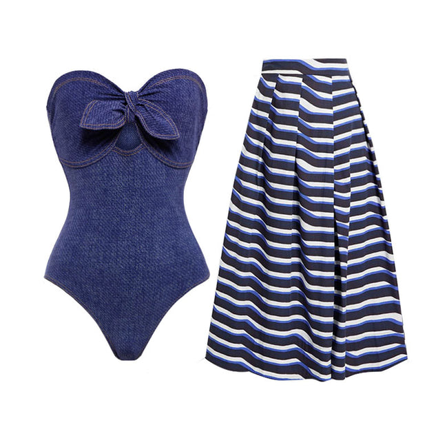 Bowknot Bandeau One Piece Swimsuit and Skirt