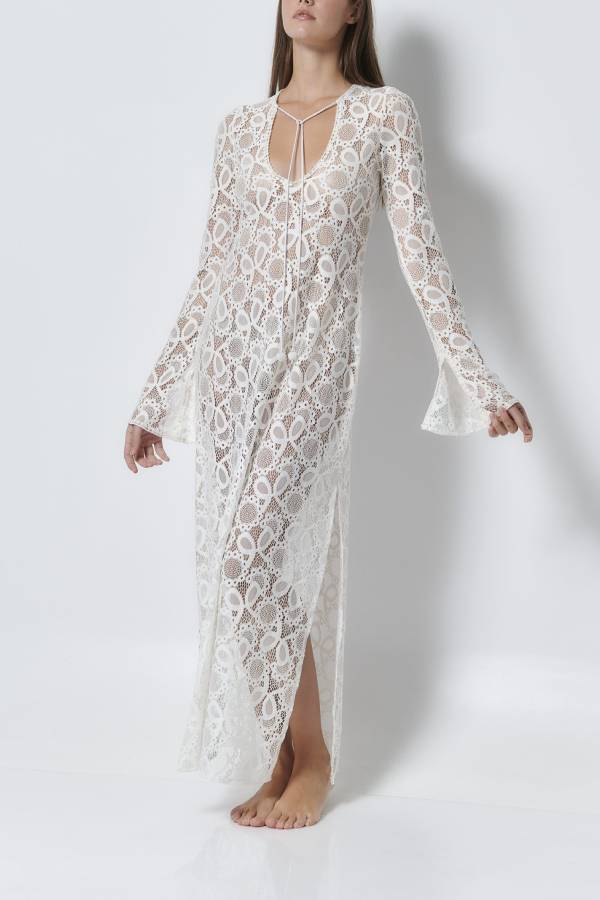 Robe longue fendue à manches longues en dentelle florale motif coucher de soleil Santorini 