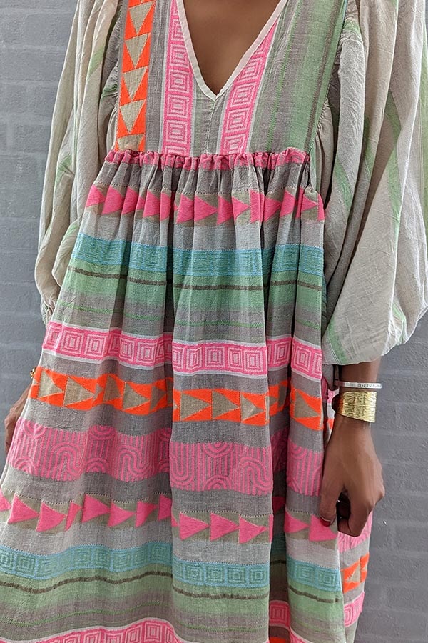 Pink Greek Key and Orange Chain Striped Print Midi Dress