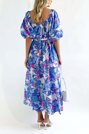 Elegant Square Neck Printed Puff Sleeve Long Dress