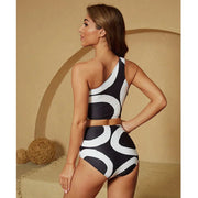 One Shoulder Print Split Bikini Swimsuit and Sarong