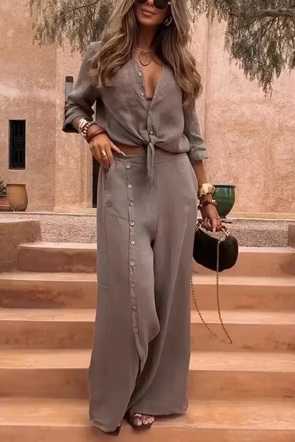 Solid Color Lapel Casual Button-down Shirt and Loose Pocket Slit Wide-leg Pants Set