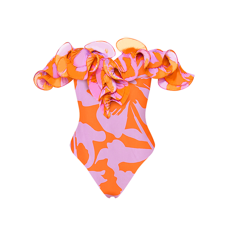 Maillot de bain une pièce imprimé à volants et épaules dénudées avec jupe 