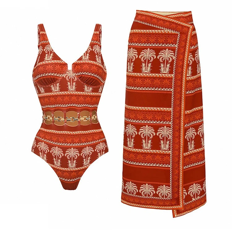Maillot de bain une pièce à imprimé floral d'eucalyptus avec col en V et jupe 