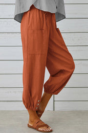 Tatum Linen Blend Elastic Waist Pocketed Button Hem Pants