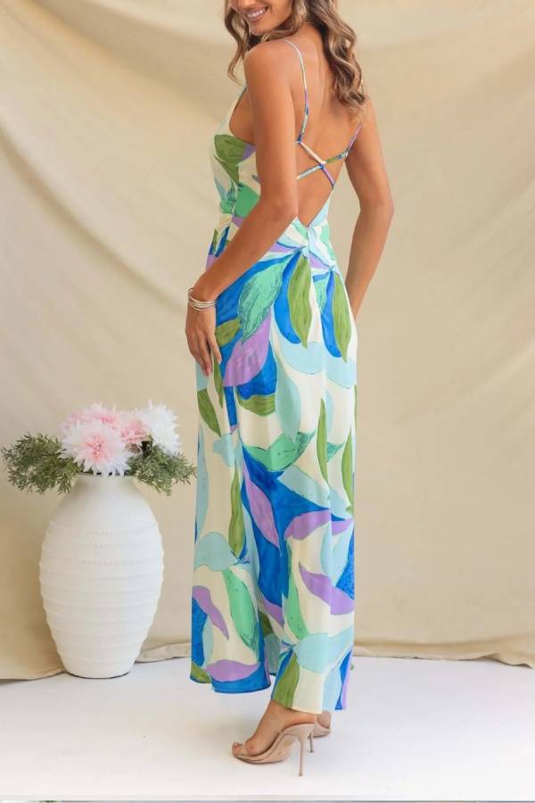 Botanical Print Sexy Sleeveless Open Back Maxi Dress