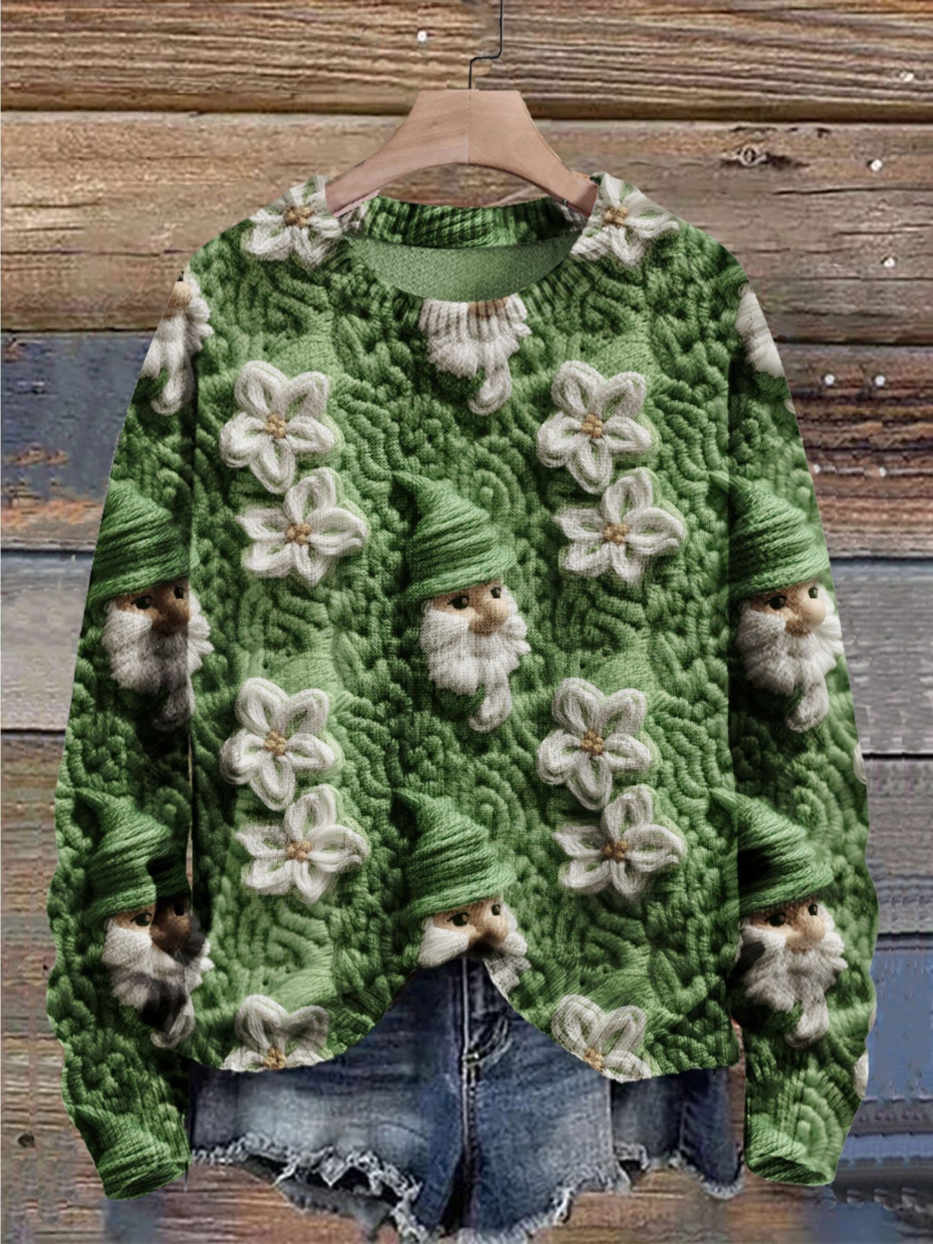 St. Patrick's Day Shamrock Four Leaf Clover Green Dwarf Art Print Knit Pullover Sweater