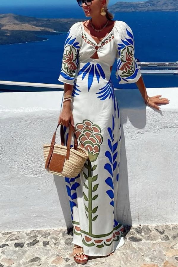 Linen Blend Unique Printed V-Neck Hollow Backless Lace-Up Holiday Maxi Dress
