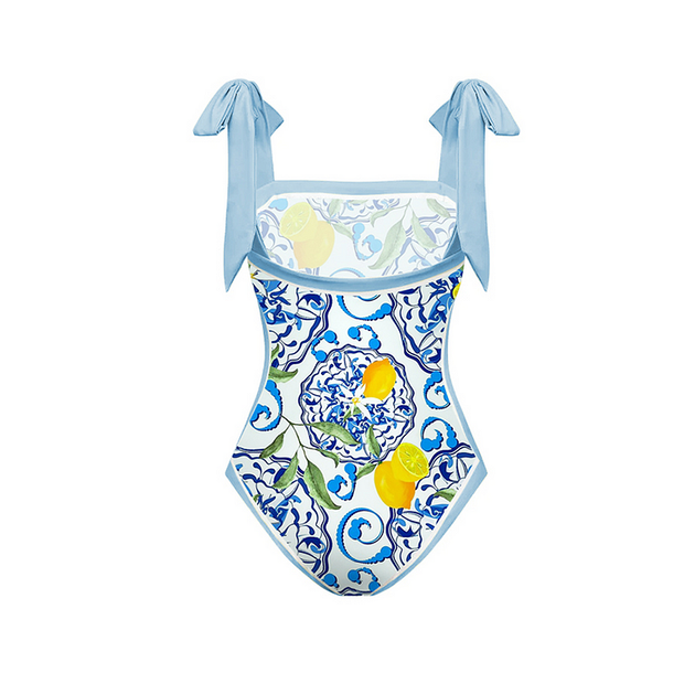 Lemon Floral Printed Sling One Piece Swimsuit and Sarong