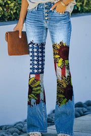 On A Drive Printed Faux Denim High Rise Flare Pants