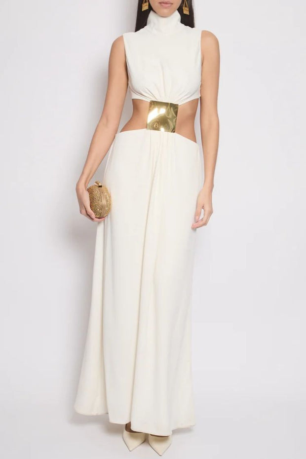 Avery High Neck Metal Decoration Cutout Waist Maxi Dress