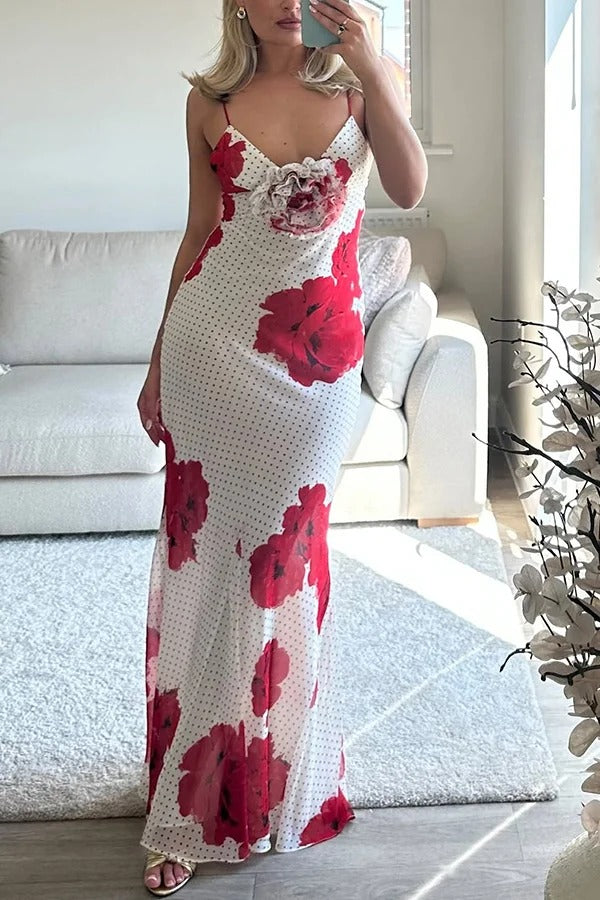 Robe longue Vanna à imprimé floral 3D et pois