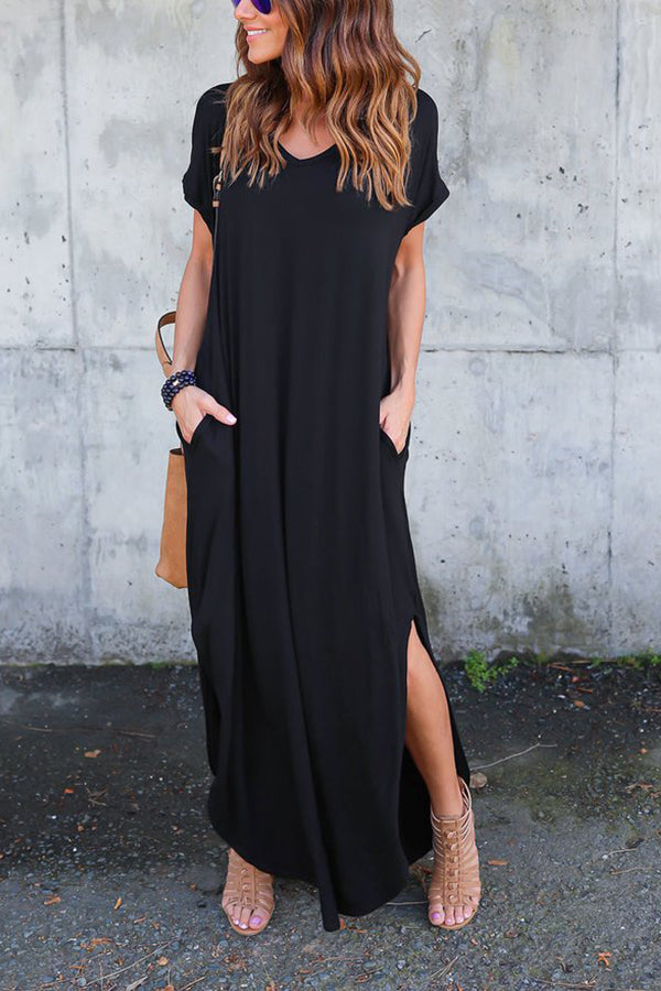 V-neck pocket slit dress