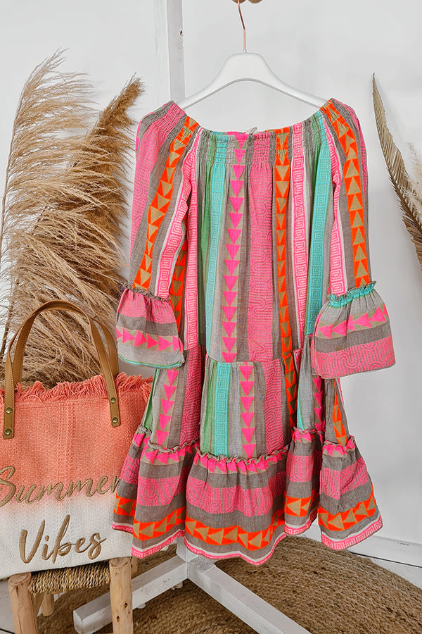 Robe courte ample à épaules dénudées et imprimé ethnique en lin mélangé Friendly Shores