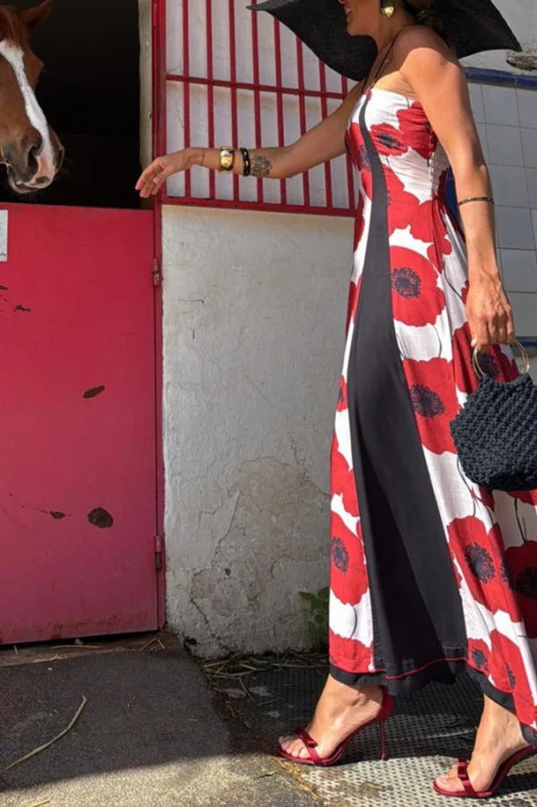 Robe longue plissée à bretelles et imprimé floral