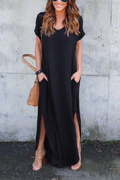 V-neck pocket slit dress