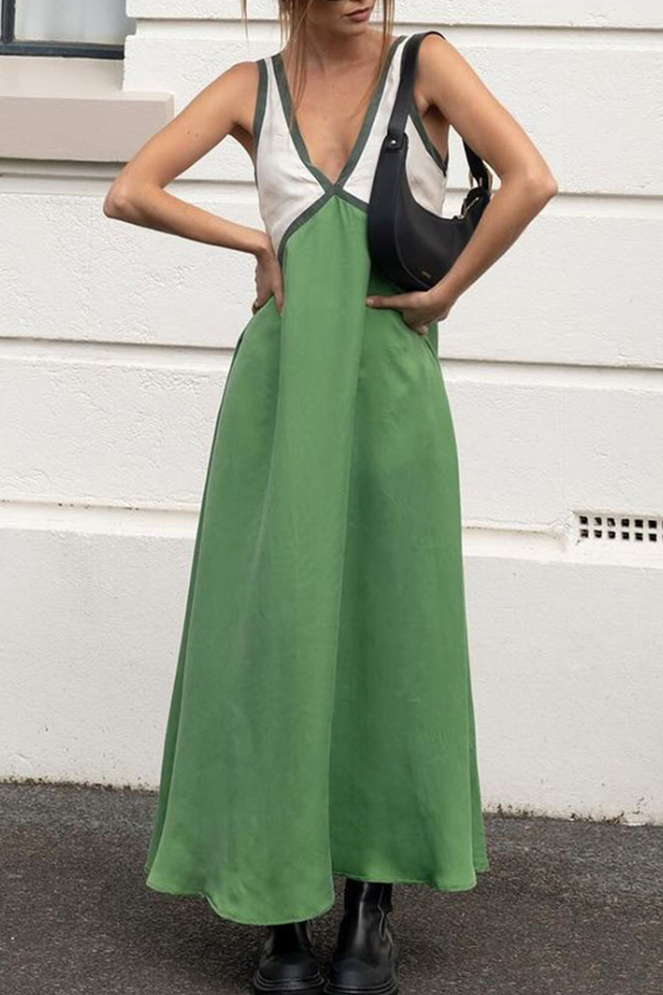 Robe chic à col en V et couleurs contrastées