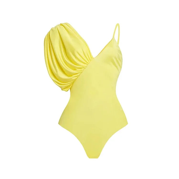 Maillot de bain une pièce asymétrique à bretelles et jupe de couleur unie 