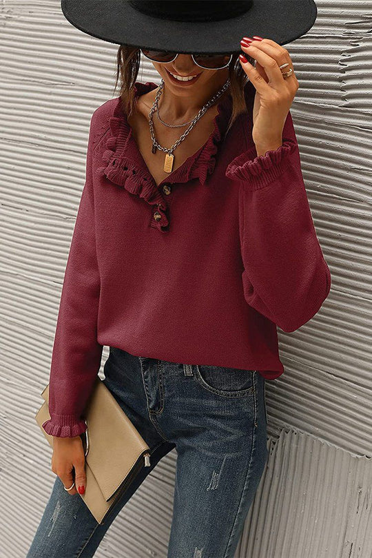 Pull en tricot à manches longues et à volants