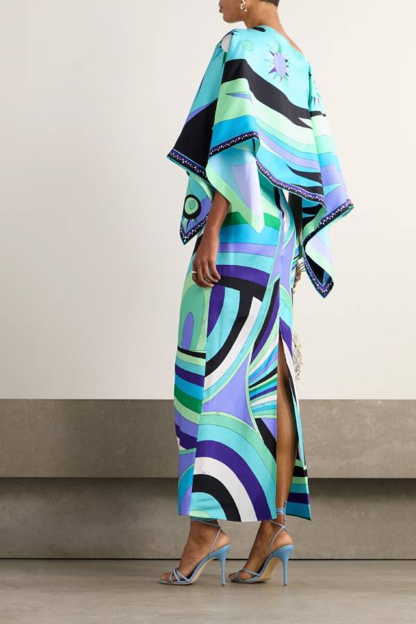 Mykonos Getaway Satin Unique Print Flowy Cape Sleeve Maxi Dress