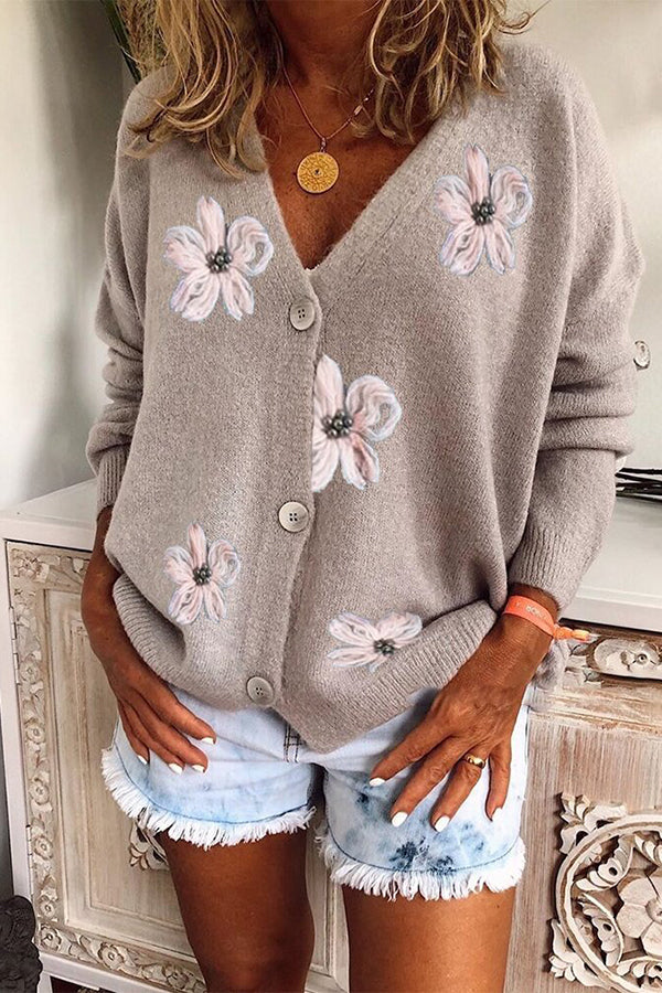 Ladies Long Sleeve Cardigan Embroidered V-Neck Knit Sweater