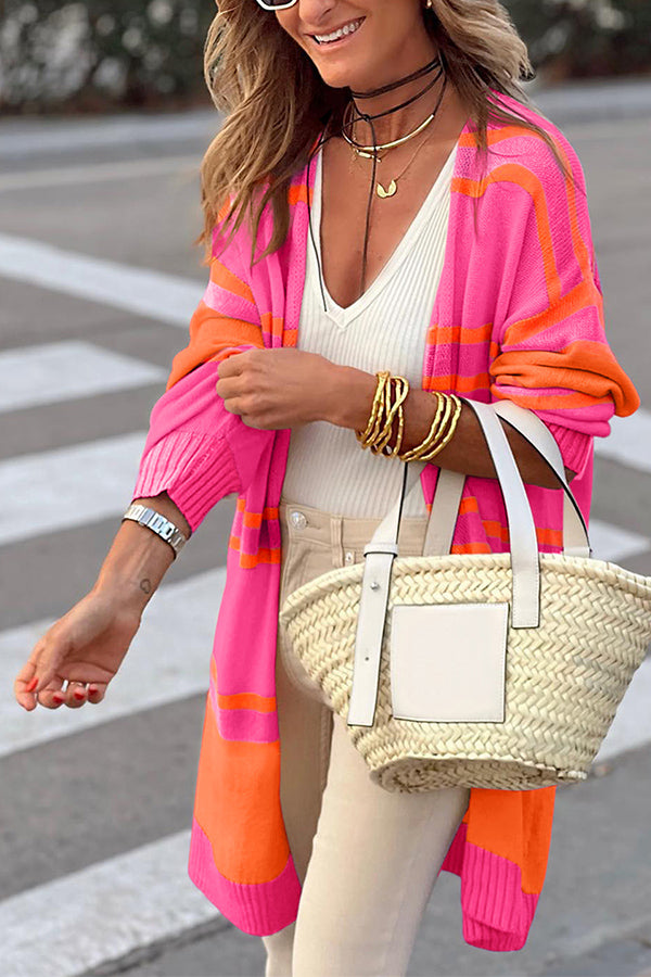 Striped Long Sleeve Ribbed Trim Button Cardigan