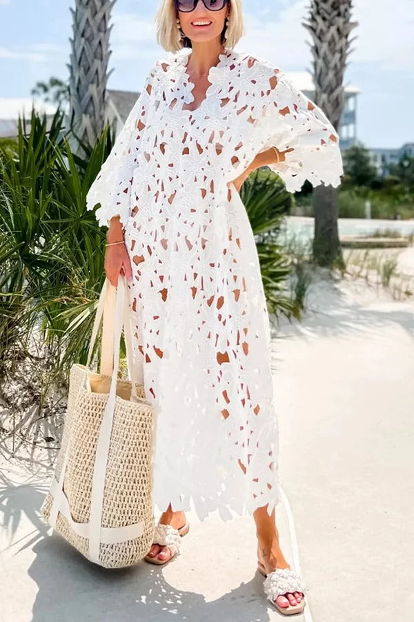 Robe de plage mi-longue à imprimé floral et dentelle à œillets « I Belong Here »