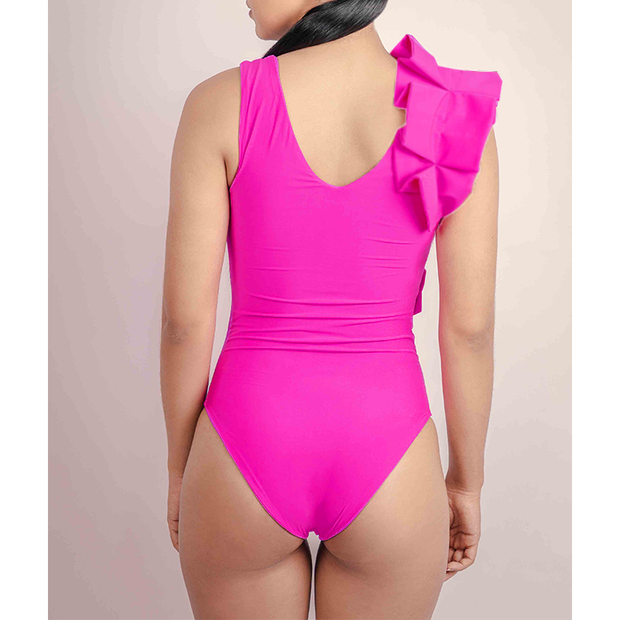 One Shoulder Fold Pink One Piece Swimsuit and Sarong