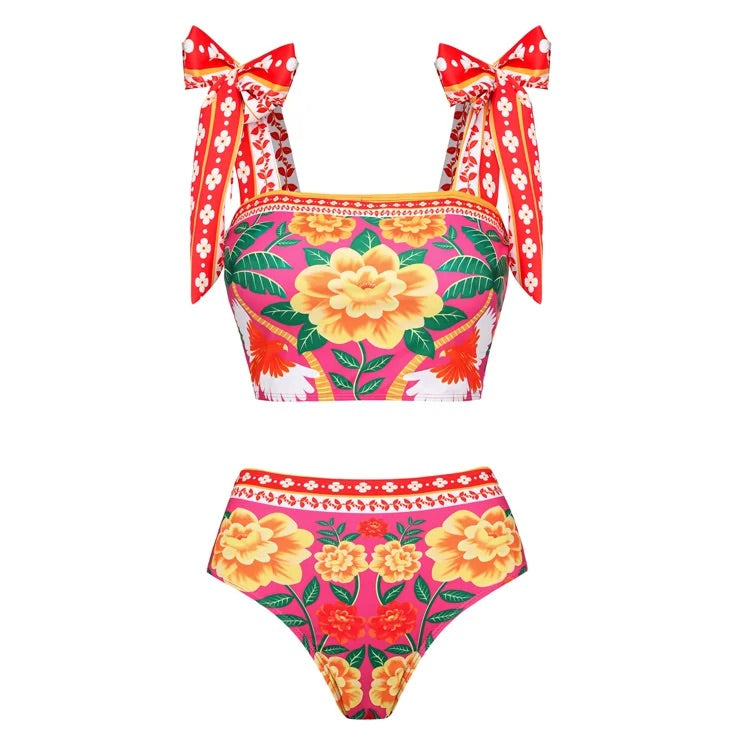 Maillot de bain bikini imprimé fleuri avec nœud papillon et épaules nouées 