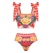 Bowknot Tie-shoulder Flower Print Bikini Swimsuit